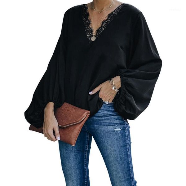 

women's blouses & shirts 2021 women's shirt loose lantern sleeve lace v-neck stitching ladies and fashion woman clothes1, White