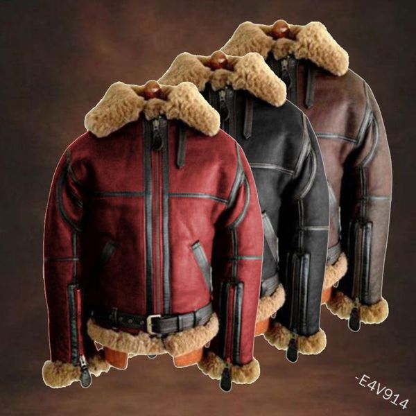 

leather jacket fleece mens fur coats motorcycle jackets casual outdoor thermal leather coats chaquetas hombre 2021, Black
