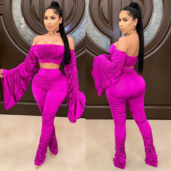 

women two-piece clothes set solid color ruched off shoulder long flared sleeve crop high waist long pants outfits sets, Gray