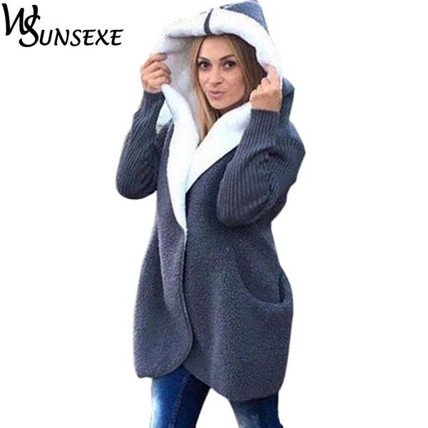 

faux fur long jacket women hooded coat 2020 winter female warm patchwork knitted long sleeve autumn cardigan grey outwear femme, Black;brown