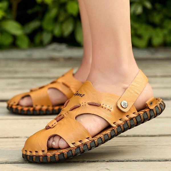 

fashion summer men sandals men leather shoes casual sandalias handmade sewing outdoor men beach shoes design men's sandals #ih6h, Black