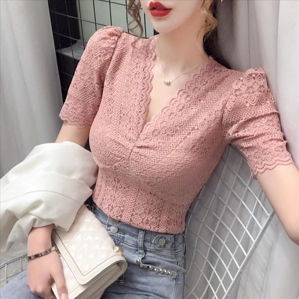 

women v neck lace blouses shirts female short puff sleeve hollow out solid elasticity blouses girls 2020 summer, White