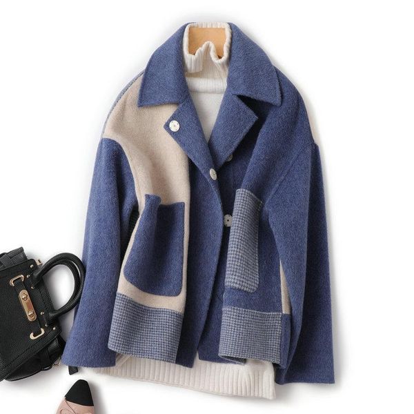 

autumn and winter small hepburn wind high-end short loose thin grid wool coat double-sided cashmere coat girl, Black