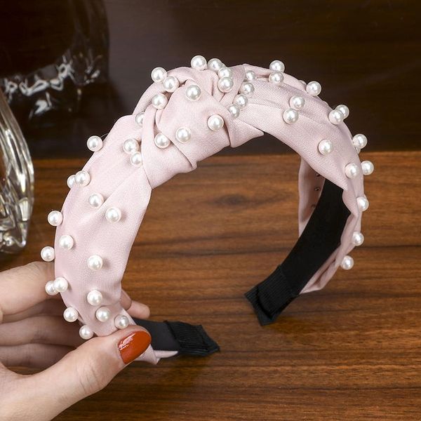 

levao spring ladies fashion hair band candy color fabric pearl headband fabric cross knotted bow headdress h wmtcmu, Black;brown