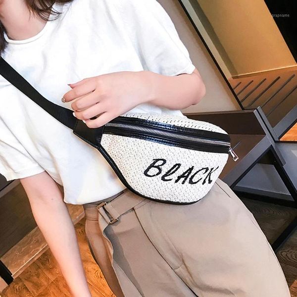 

stylish chest shoulder bag straw weave waist pack ladies summer beach splicing single layer zipper bag for vacation and travel1