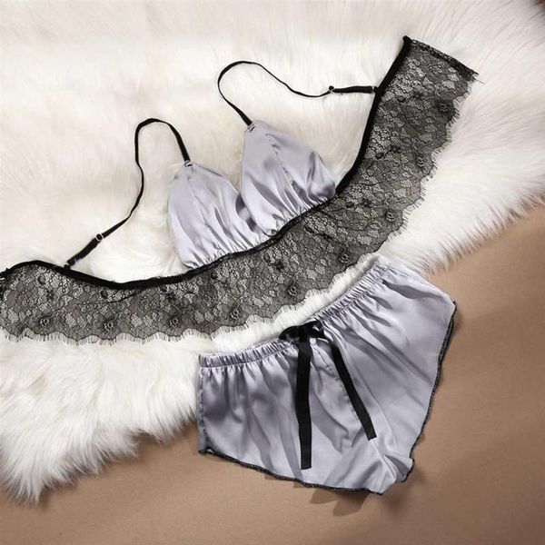 

women silk satin lace pajamas underwear bra flower floral home clothes suit shorts nightie sleepwear solid homewear femme1, Black;red