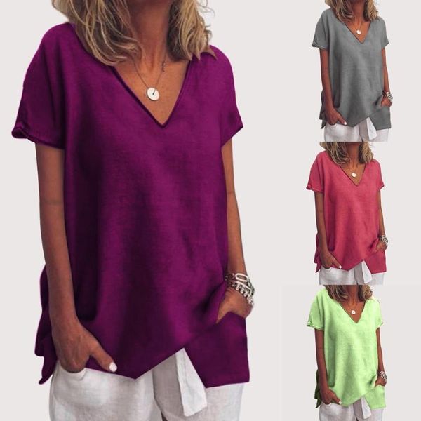 

2020 large size solid loose shirts women casual short sleeve v-neck summer and shirts solid color tee #0526y30, White
