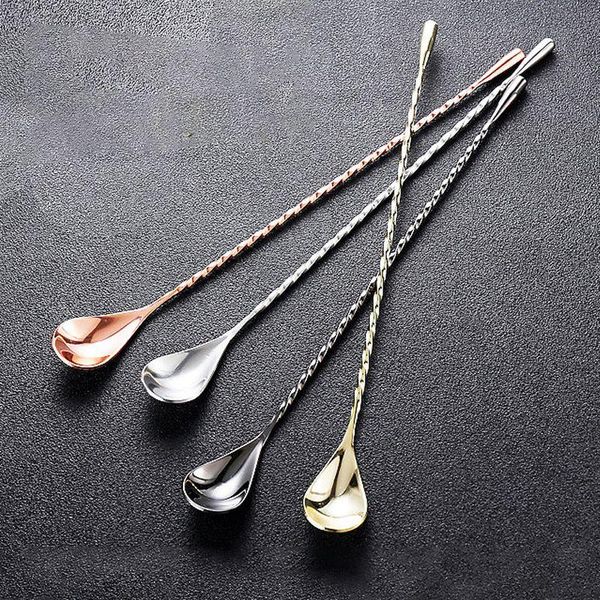 

spoons 4 color fashion bright stainless steel mixing cocktail spoon long handled spiral pattern bar bartender tools 30 cm