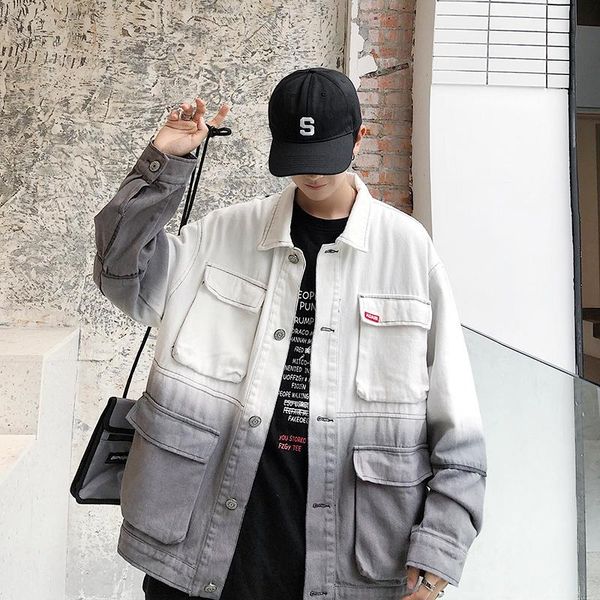 

uyuk new casual loose fashion trend tooling version autumn gradient denim single-breasted cotton jacket streetwear hip hop, Black;brown