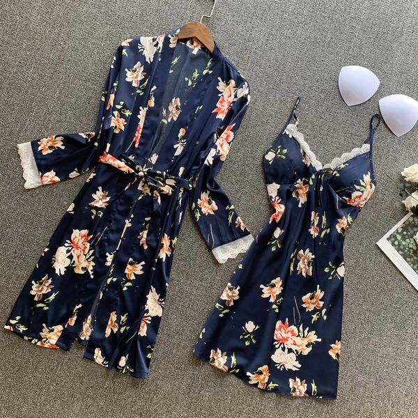 

2021 spring summer female bathrobe in silk pajamas flower print satin nightgown wttb, Black;red