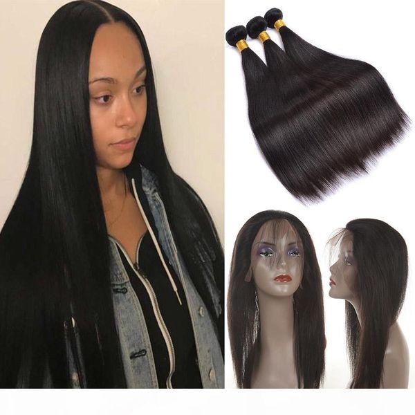 

360 lace frontal with bundle malaisian straight virgin hair with closure 360 frontal with bundles pre plucked lace frontal, Black;brown
