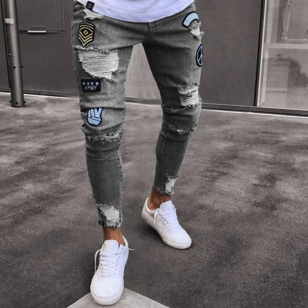 

men's jeans badge ripped stretch small foot zipper trend trousers, Blue