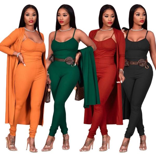 

solid knitted suit women 2 piece set casual outfits spaghetti strap bodycon jumpsuit and long sleeve open stitch streetwear, Gray