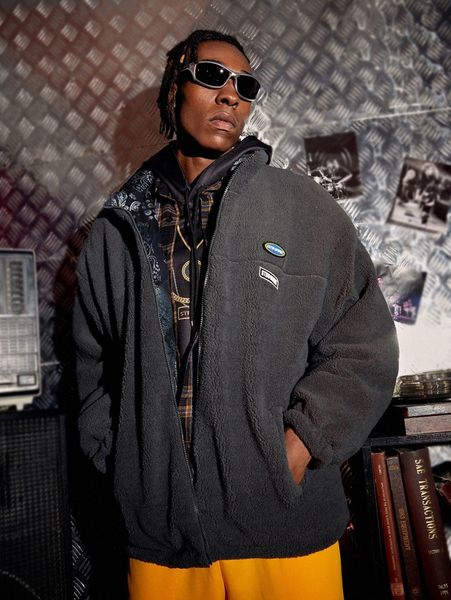 

men letter patched drop shoulder teddy coat e1gy#, Black;brown