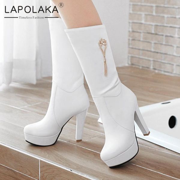 

lapolaka 2021 brand new platform slip-on long boots women's shoes trendy metal tassel rhinestone flower decoration shoes ladies, Black