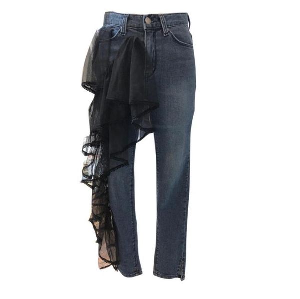 

women's jeans korean woman high waist mesh patchwork denim pants female fashion loose was thin straight s434, Blue