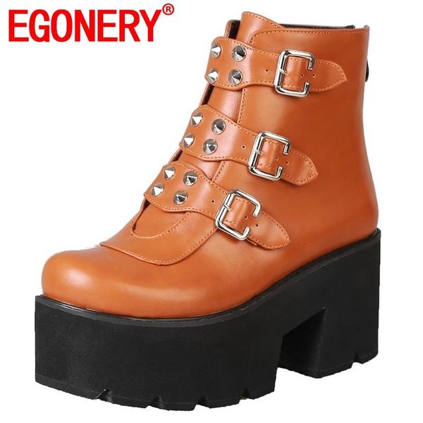 

boots egonery women shoes 2021 winter fashion metal decoration super high square heel platform round toe zipper ankle, Black