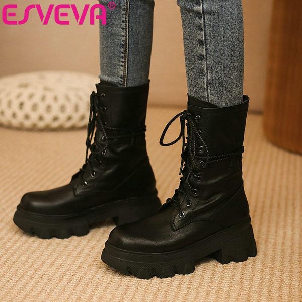 

esveva 2021 fashion round toe ankle boots women boots winter pu+leather women shoes lace up size 34-39, Black