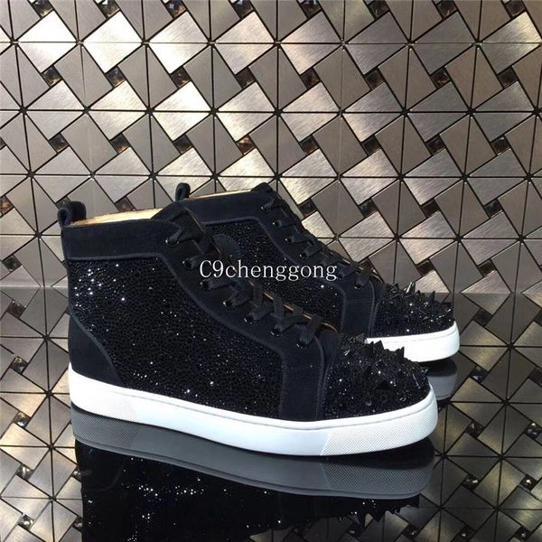 

strass + pik pik spikes sneaker,fashion high red bottom men luxury designer skateboard sports party dress wedding eu35-47,box, Black