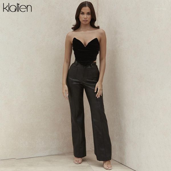

klalien autumn fashion casual pu leather women wide leg pants solid loose high waist straight faux leather female trousers 20201, Black;white