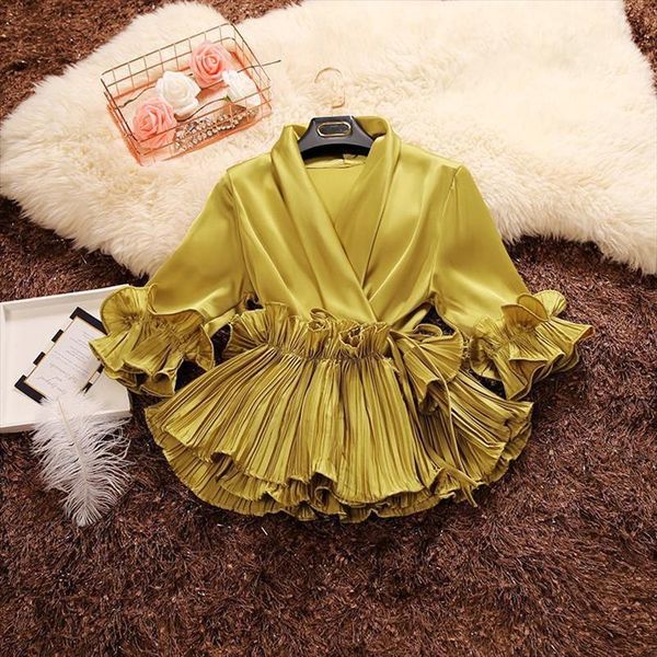 

2019 spring and autumn new female deep v neck ruffles lace up stain shirt womens three quarter sleeve shirts women blouses, White