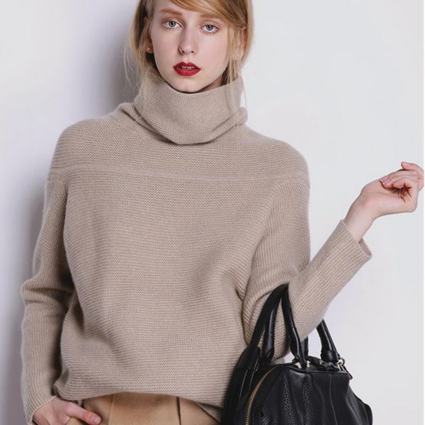 

beliarst new autumn and winter cashmere sweater women's high collar thick solid color sweater loose knit sweater wild pullover c1121, White;black