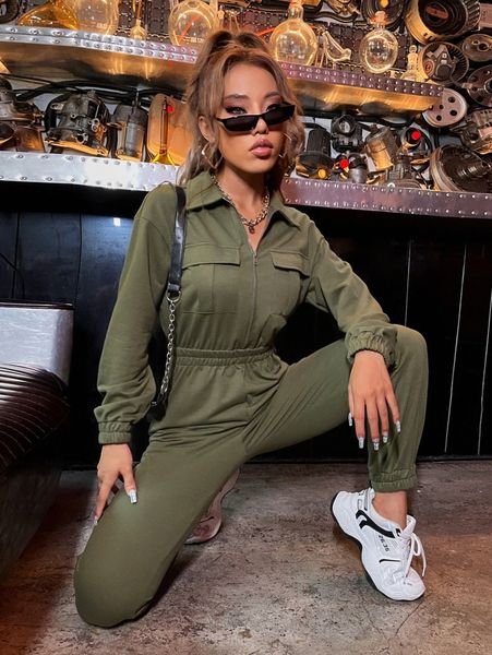 

zip up drop shoulder flap pocket jumpsuit m65g#, White