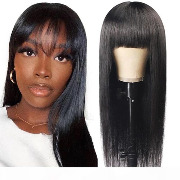 

straight human hair wigs with bangs full machine made wig human hair for women brazilian remy wigs none lace, Black;brown