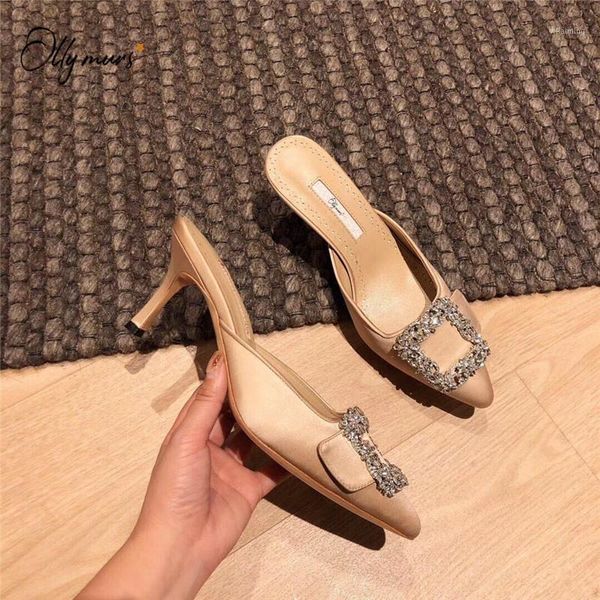 

ollymurs fashion spring summer genuine leather shoes woman slippers pointed toe thin heel women shoes slippers mules woman1, Black