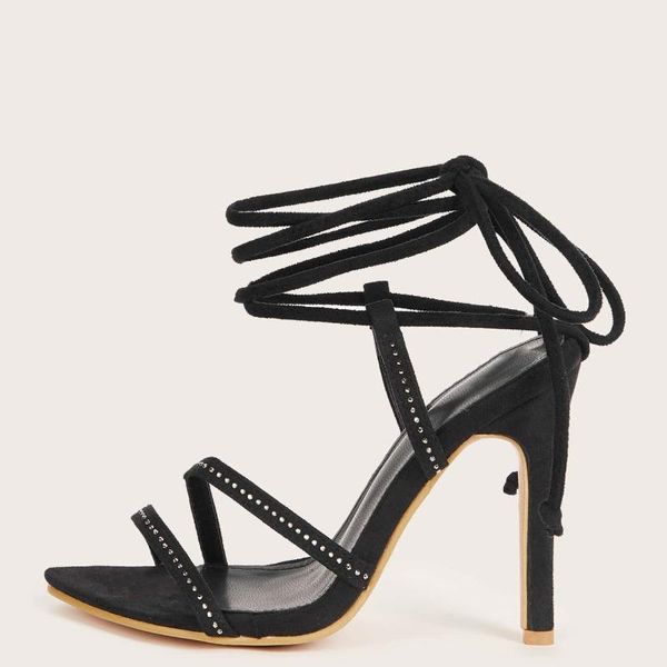 

gladiator sandals rome thin heels party solid ankle strap elastic band pu pointed diamond heels white size 35-42, Black