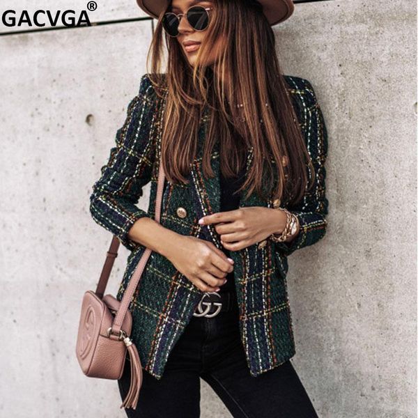 

gacvga fashion plaid blazer women autumn button vintage jackets office ladies slim coat double-breasted blazers plus size, White;black