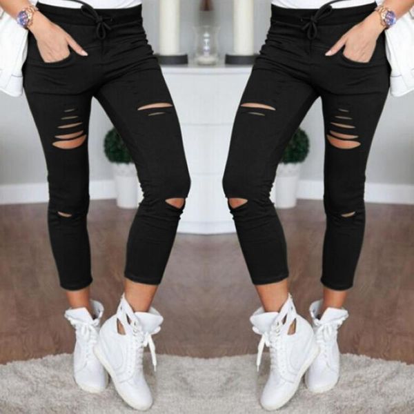 

casual skinny high waist jeans women stretch hole slim fit denim pencil pants trousers army green white black xxl, Blue