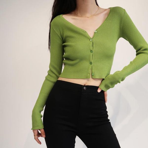 

women v neck fitted rib crop cardigan button up knit crop drop shipping high quality, White;black