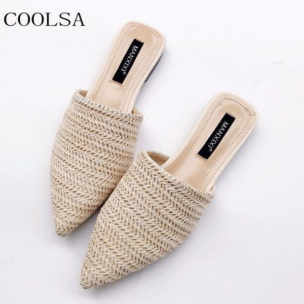 

new women's summer solid toe-covered slipper fashion pointed woven breathable lazy slippers flat sandals women mule slides shoes1, Black