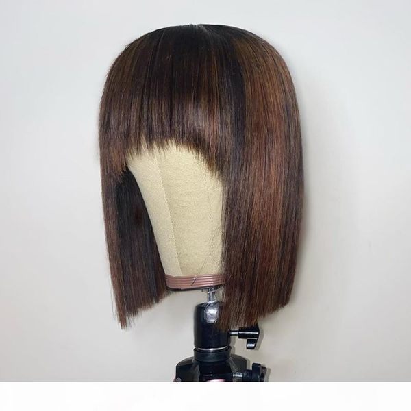 

13*4 short bob lace front wigs 180% brazilian remy hair for black women with pre plucked bleached knots with thick bangs, Black;brown