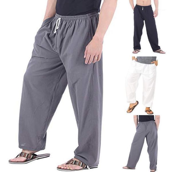 

2019 men's slim casual linen large size pocket pants sports pants men's solid color pocket loose jogging fashion jeans1, Black