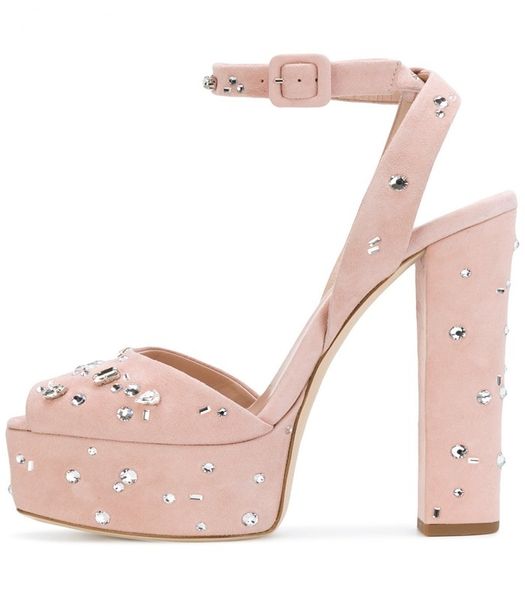 

elegant crystal decoration chunky for peep woman ankle braces platform wearing pink suede sandals, Black