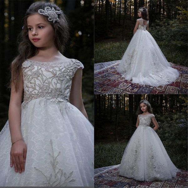 

2021 girl pageant dresses boat neck 3d floral appliqued beaded capped sleevesflower girl gowns ruffle hollow backless birthday gowns, White;blue