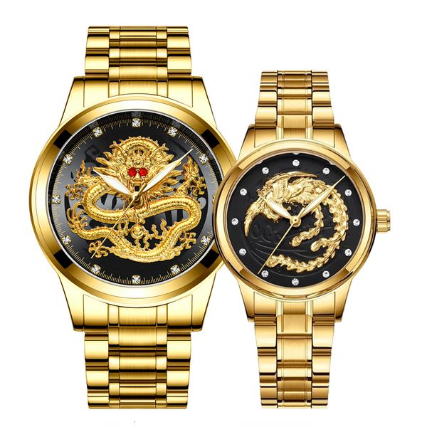 

2 pcs luxury diamonds couple watches golden dragon phoenix stainless steel watch for men and women fashion lovers gift clock quartz, Slivery;brown