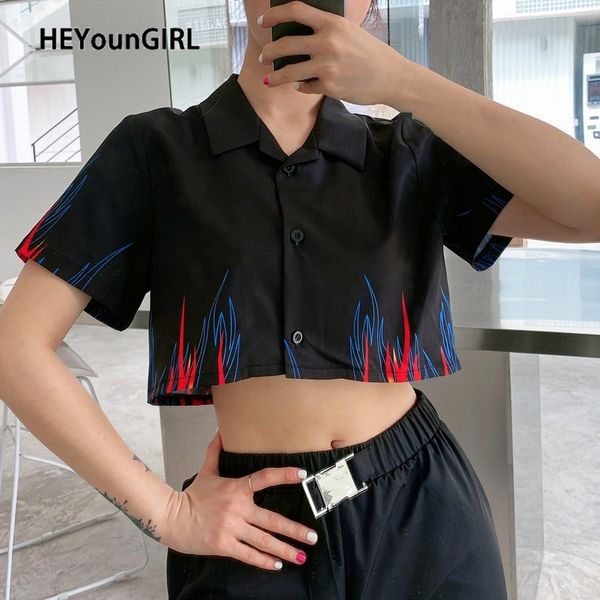 HEYounGIRL Flame Fire Stampato Harajuku Crop Tee Shirt Donna Manica corta Nero Casual T-shirt Donna Streetwear Estate T-shirt T200512