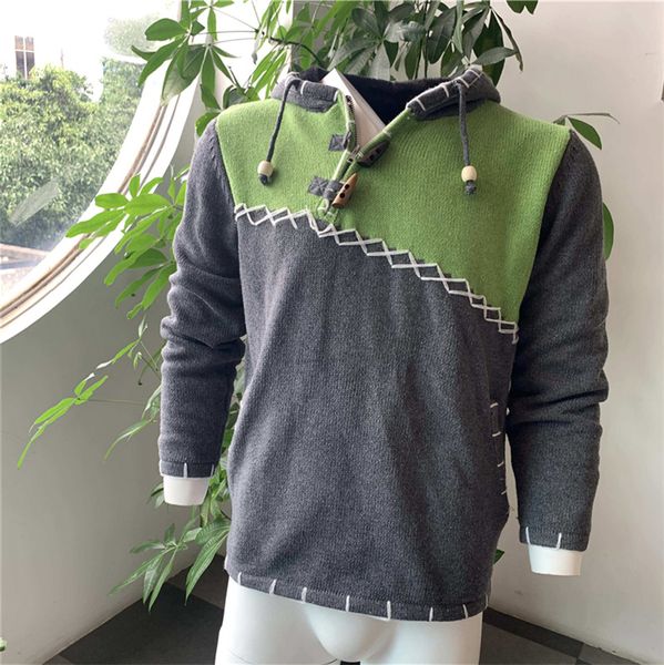 

knitted sweater men hoodie pullover jumper streetwear cropped fall trendy spliced plus size stitching hooded sweatshirt 201117, White;black