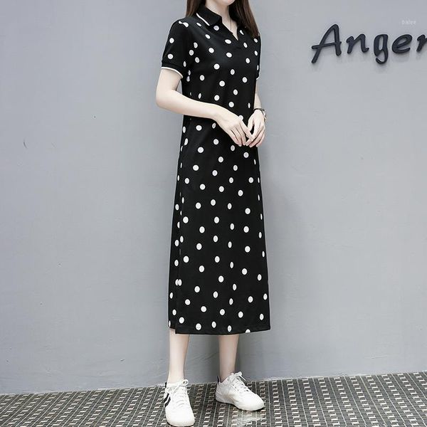 

women t shirt dress polka dot print 2020 summer fashion short sleeve korean casual long plus size dresses for woman 3xl 4xl1, Black;gray