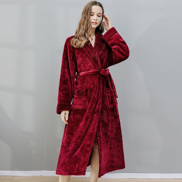 

2021 new bathrobe autumn winter long nightgown for woman fluffy thick flannel nightwear female v neck with pockets sashes sleepwear x1lj, Black;red