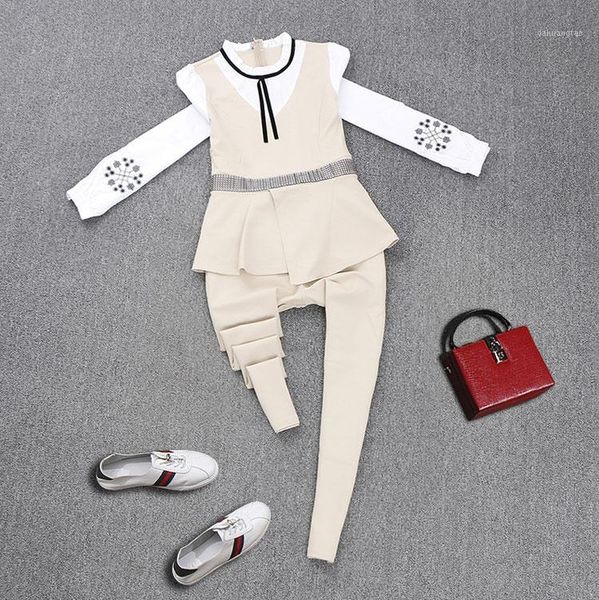 

new arrive lady embroidery false 2 piece shirt pants suit, women's fashion long sleeve set1, White