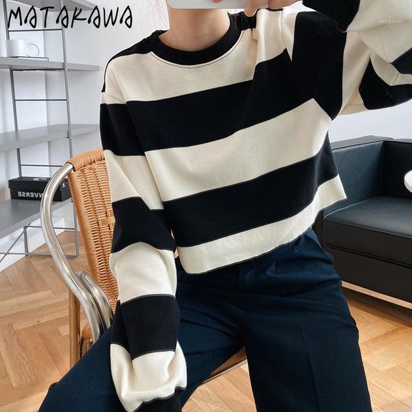 

matakawa short black and white striped pullover women loose classic long-sleeved high-waist knitted sweater, White;black