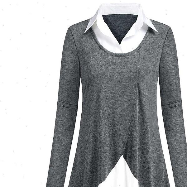

l 4xl big size shirts women 2021 casual full sleeve turn down collar blouse and fake two pieces pullover loose, White