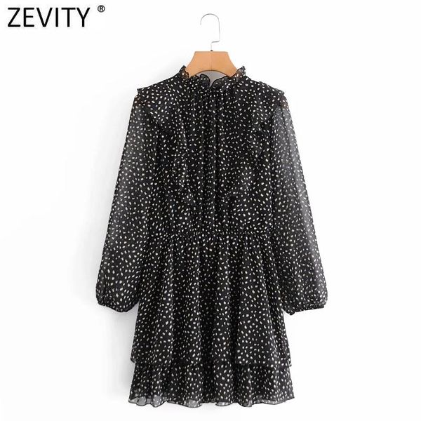 

zevity women sweet agaric lace printing casual chiffon mini dress ladies retro lantern sleeve chic pleat ruffles vestido ds4765, Black;gray