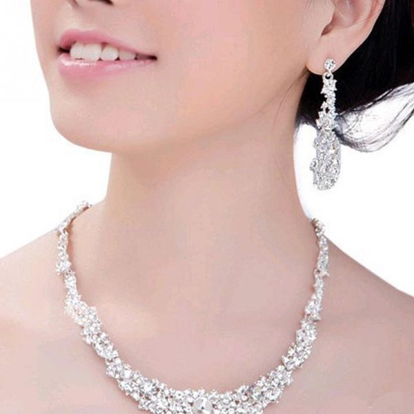 

new elegant bridal jewelry sets women wedding jewelry rhinestone crystal silver color necklaces earrings sets#137