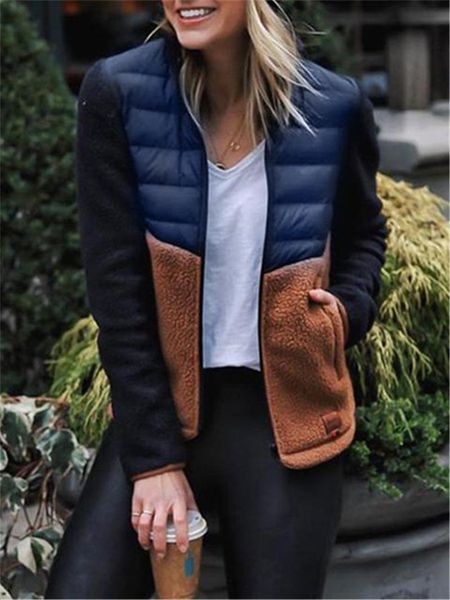 

women's jackets jacket women contrast color patchwork stand collar plush coat casual slim plus size clothing, Black;brown