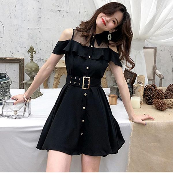 

new 2020 women single-breasted summer dress gothic black off shoulder mesh patchwork female mini dresses belted vestidos1, Black;gray